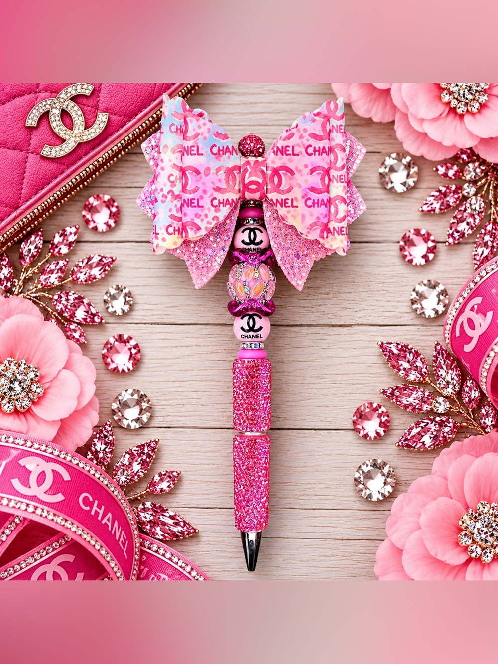 Fashion CC Pink Bow Rhinestone Beaded Twist Pen